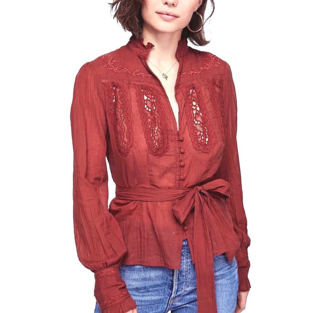 Free People Sweet Memories Top rust-red crochet lace panels waist tie S NWT